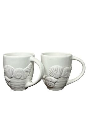 Coastal‎ Home 2 Ceramic Embossed Shells Ivory Mugs Coastal Beach House Nautical